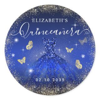 Elegant Royal Blue Gold Glitter Gown Quinceañera Classic Round Sticker