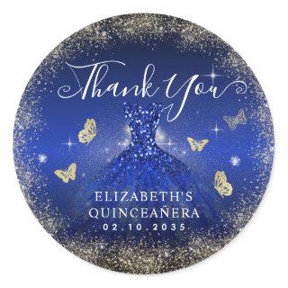 Elegant Royal Blue Gold Gown Quinceañera Thank You Classic Round Sticker