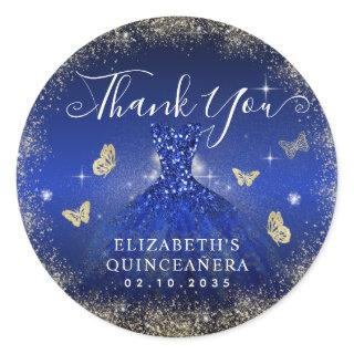 Elegant Royal Blue Gold Gown Quinceañera Thank You Classic Round Sticker