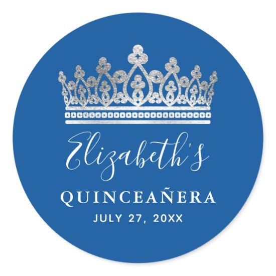 Elegant Royal Blue Silver Crown Quinceanera Classic Round Sticker