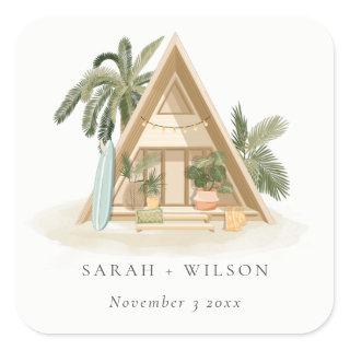 Elegant Rustic Tropical Palm Beach Shack Wedding Square Sticker