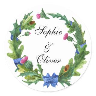 Elegant Scottish Thistle Flowers Floral Wreath Classic Round Sticker