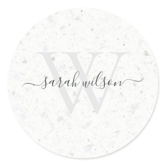 Elegant Script Terrazzo Stone Ivory Grey Monogram Classic Round Sticker