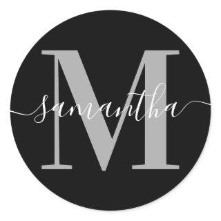 Elegant Signature Grey Modern Monogram Black Classic Round Sticker