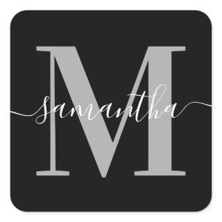 Elegant Signature Grey Modern Monogram Black Square Sticker