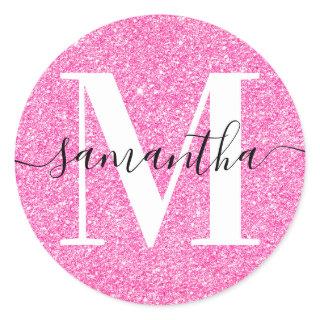 Elegant Signature Modern Monogram Pink Glitter Classic Round Sticker