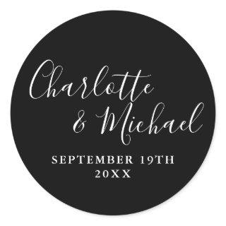Elegant Signature Script Black And White Classic Round Sticker