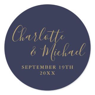 Elegant Signature Script Navy Blue And Gold Classic Round Sticker