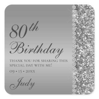 Elegant Silver 80th Birthday Thank You Square Sticker