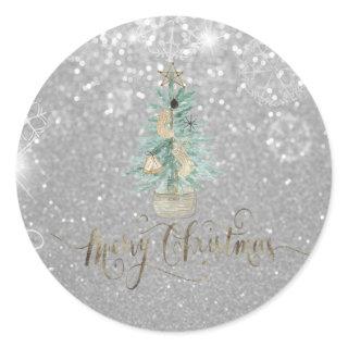 Elegant Silver Bokeh Watercolor Christmas Tree  Classic Round Sticker