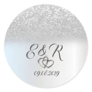 Elegant Silver Glitter Bokeh,Hearts  Wedding Classic Round Sticker