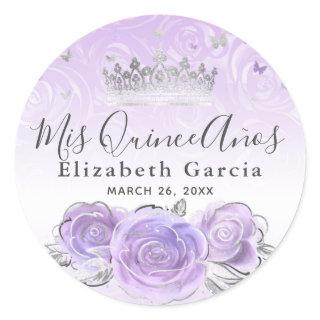 Elegant Silver Light Purple Template Quinceanera Classic Round Sticker