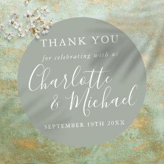 Elegant Silver Sage Signature Script Thank You Classic Round Sticker