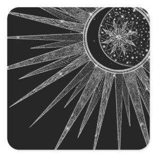 Elegant Silver Sun Moon Mandala Black Design Square Sticker