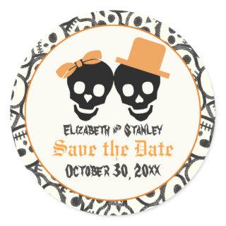 Elegant skulls Halloween wedding Save the Date Classic Round Sticker
