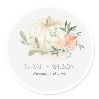 Elegant Soft White Pumpkin Blush Floral Wedding Cl Classic Round Sticker