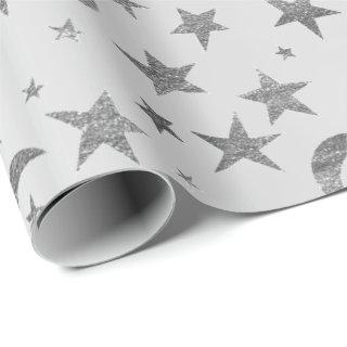 Elegant Stars Moon Silver Gray Metallic Sky