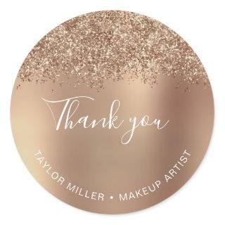 Elegant stylish copper rose gold glitter thank you classic round sticker