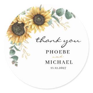 Elegant Sunflower Eucalyptus Floral Wedding Thank Classic Round Sticker