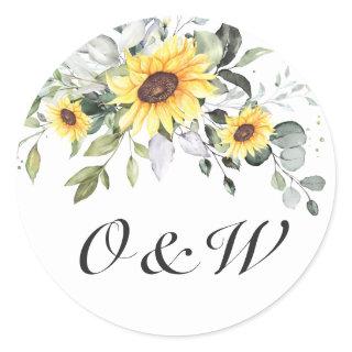 Elegant Sunflowers Eucalyptus Monogram Wedding Classic Round Sticker