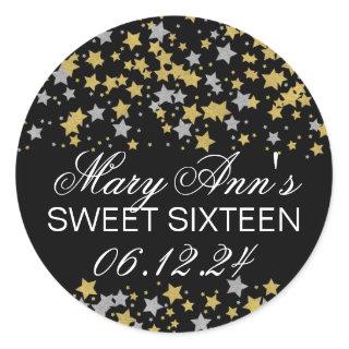 Elegant Sweet 16 Gold Silver Glitter Star Confetti Classic Round Sticker