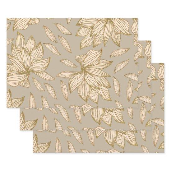 Elegant Taupe Gold Glitter Floral Line Art  Sheets