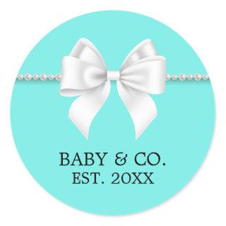 Elegant Teal Aqua Tiffany Theme Baby Shower Classic Round Sticker