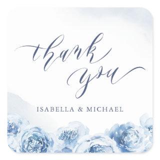 Elegant thank you script blue watercolor floral square sticker