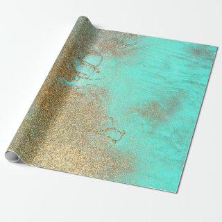 Elegant Turquoise and Faux Gold Glitter Marble
