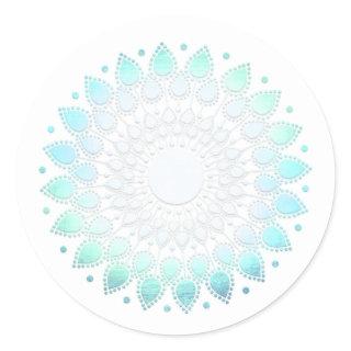 Elegant Turquoise Floral Lotus White Marble Classic Round Sticker