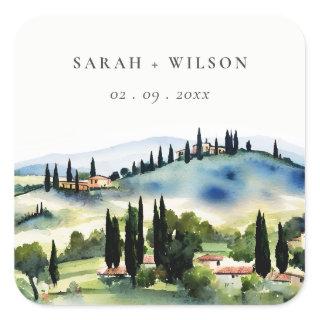 Elegant Tuscany Italy Watercolor Landscape Wedding Square Sticker