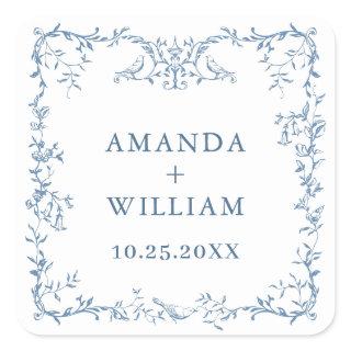 Elegant Victorian Ornate Floral Dusty Blue Wedding Square Sticker