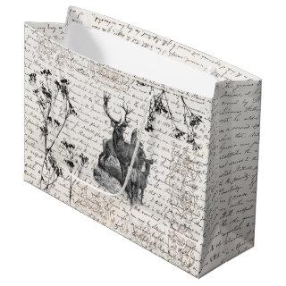 Elegant Vintage Black White Deer Wildflower Script Large Gift Bag