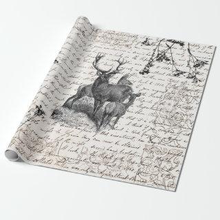 Elegant Vintage Black White Deer Wildflower Script