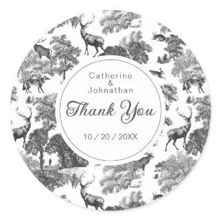 Elegant Vintage Black White Toile Deer Pattern Classic Round Sticker