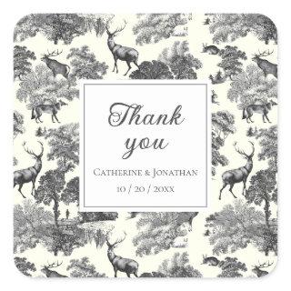 Elegant Vintage Black White Toile Deer Pattern  Square Sticker
