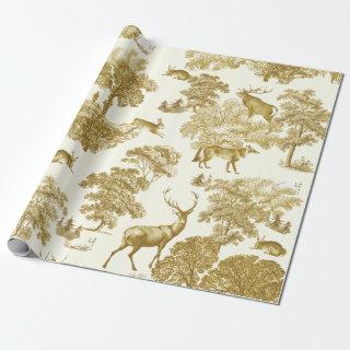 Elegant Vintage Gold Deer Fox Hare Country Toile