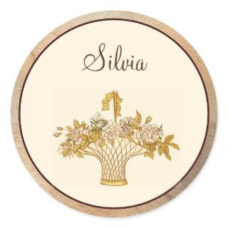 Elegant Vintage Pink Monogram and Yellow Flowers Classic Round Sticker