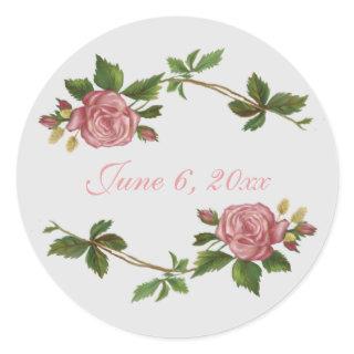 Elegant Vintage Pink Rose with Date Classic Round Sticker