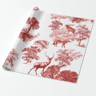 Elegant Vintage Red Toile Deer Fox in Forest