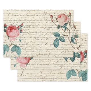 Elegant Vintage Roses on Handwriting French Script  Sheets