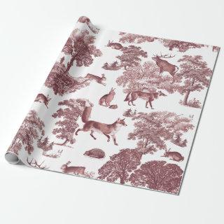 Elegant Vintage Woodland Burgundy Fox Rabbit Toile