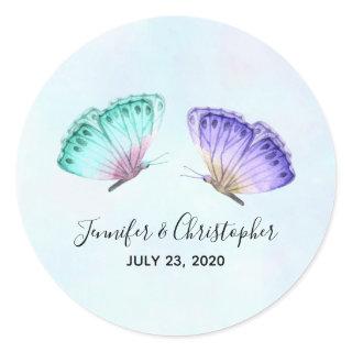 Elegant Watercolor Butterfly Duo Wedding Classic Round Sticker