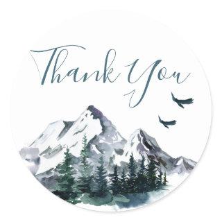 Elegant Watercolor Mountains Forest Thank You  Cla Classic Round Sticker