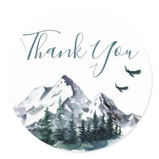 Elegant Watercolor Mountains Forest Thank You  Cla Classic Round Sticker