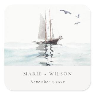 Elegant Watercolor Nautical Sailing Yacht Wedding Square Sticker