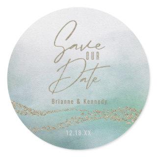Elegant Watercolor Ocean Aqua & Gold Save the Date Classic Round Sticker