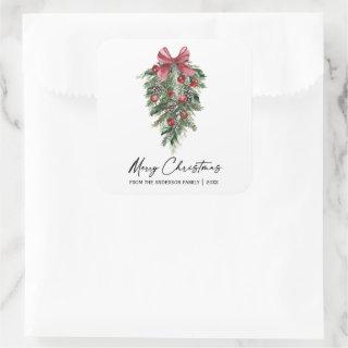 Elegant Watercolor Pines Calligraphy Ink Christmas Square Sticker