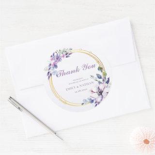 Elegant Watercolor Purple Floral Wedding Thank You Classic Round Sticker