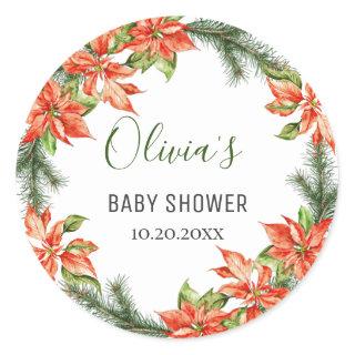 Elegant Watercolor Red Poinsettia BABY SHOWER Classic Round Sticker